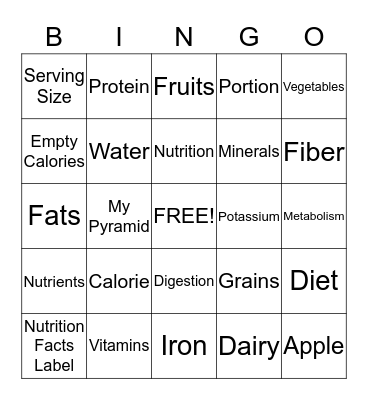 Nutrition Bingo Card