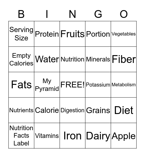 Nutrition Bingo Card