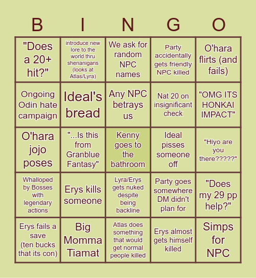 DND  SESSION BINGOOOOOOOO Bingo Card