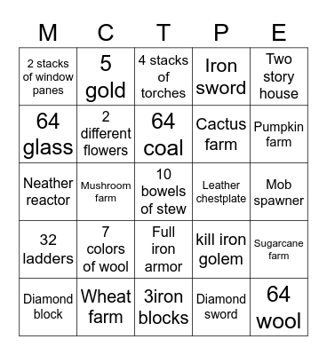 Minecraft pe bingo sheet Bingo Card