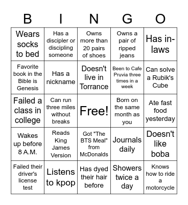 College Group Bingo Icebreaker Bingo Card
