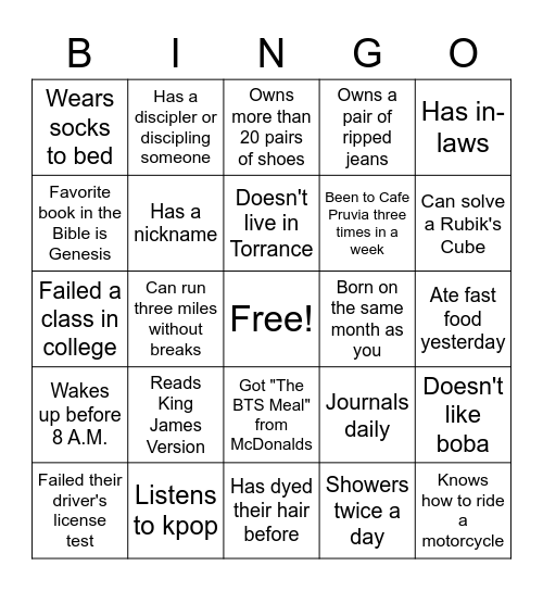 College Group Bingo Icebreaker Bingo Card
