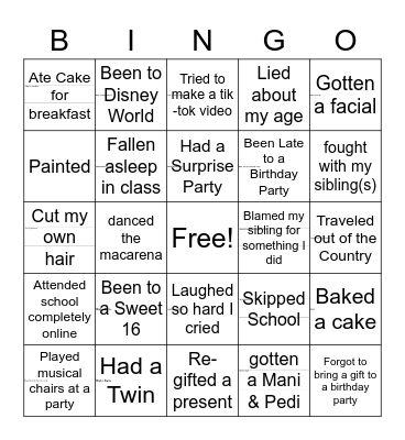 Never Have I Ever 16 Edition Bingo Card