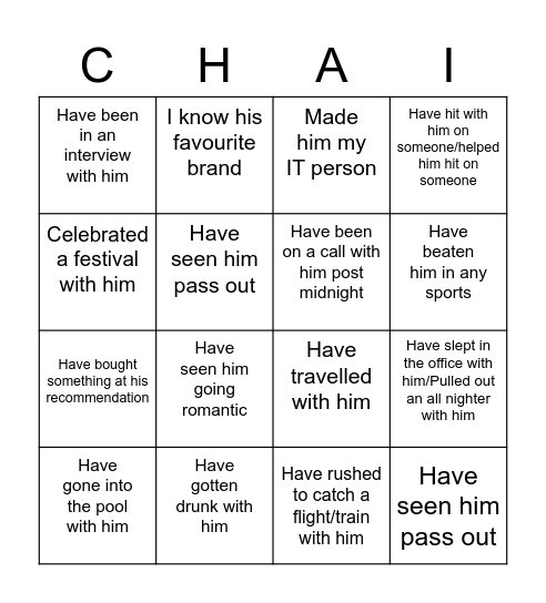 Memories Bingo Card