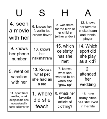 Usha's Birthday Bingo Card