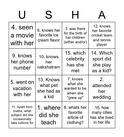 Usha's Birthday Bingo Card