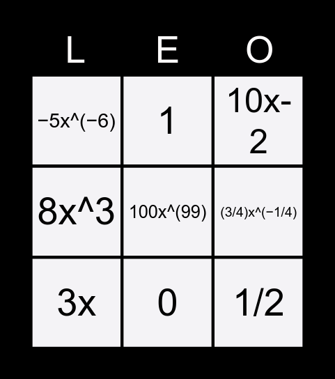 Differentiation Rule Bingo Card