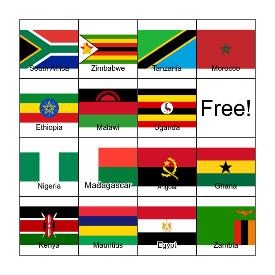 Africa Bingo Card