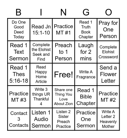 Sabbath BINGO CHALLENGE Bingo Card