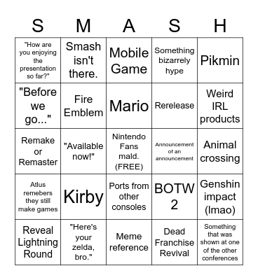 Nintendo E3 Pain Bingo Card