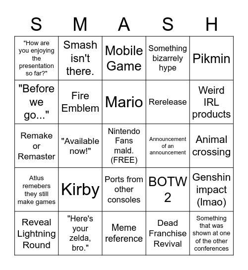 Nintendo E3 Pain Bingo Card