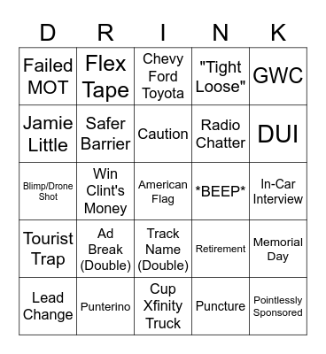 NASCAR Bingo Card