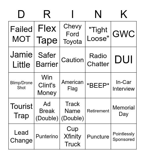 NASCAR Bingo Card