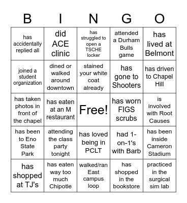 DukeMed c/o 2024 1st Year Bingo Card
