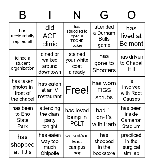 DukeMed c/o 2024 1st Year Bingo Card