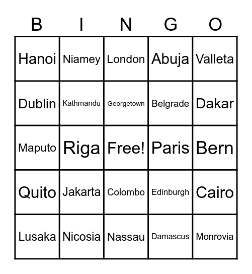 World Capitals Bingo Card