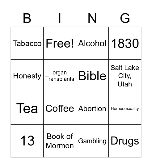 Mormonism Bingo Card