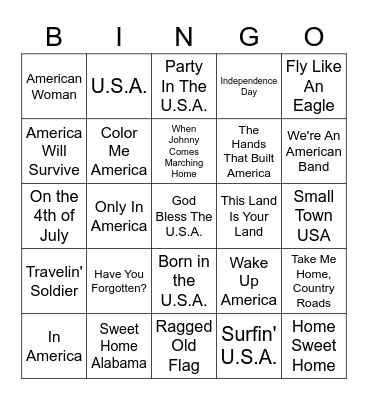 Memorial Day Music Bingo Card