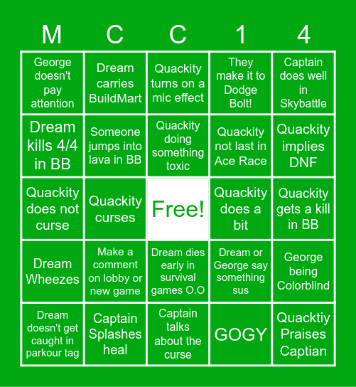 Minecraft Championship- Green Guardians Bingo Card
