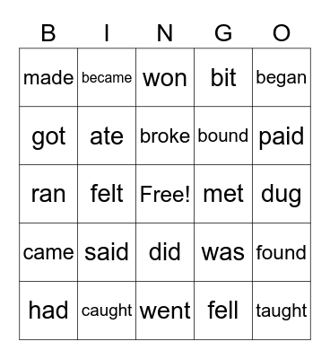 Irregular verbs Bingo Card