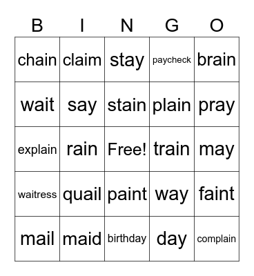 ai & ay words Bingo Card