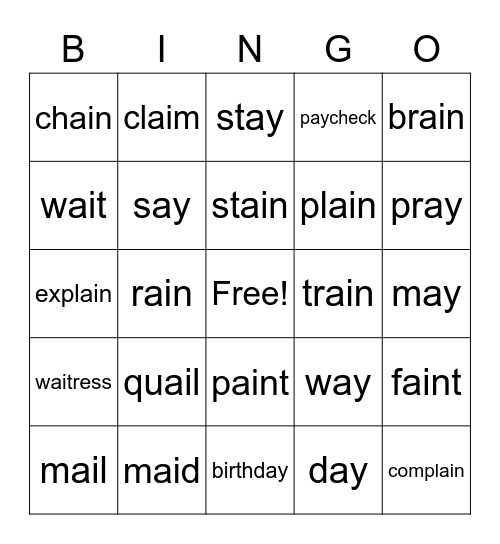 ai & ay words Bingo Card