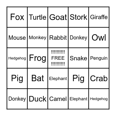 ANIMAL BINGO Card