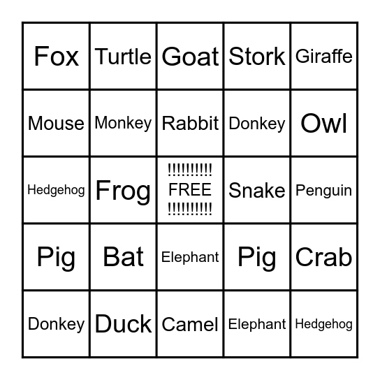 ANIMAL BINGO Card