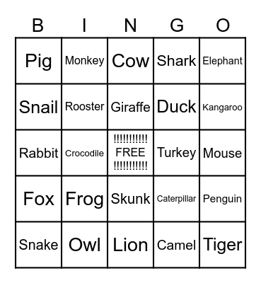 ANIMAL BINGO Card