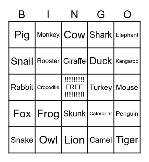 ANIMAL BINGO Card