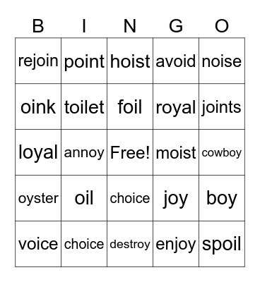 oi & oy words Bingo Card