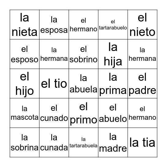 La Familia Bingo Card