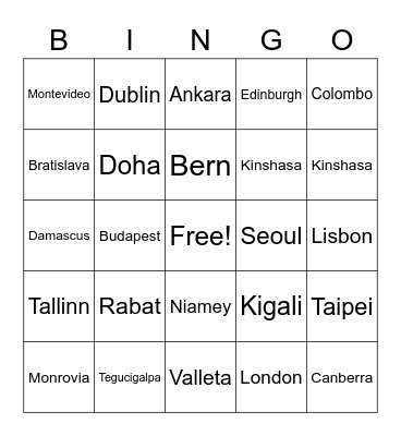 World Capitals Bingo Card