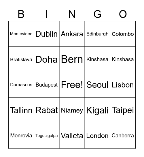 World Capitals Bingo Card