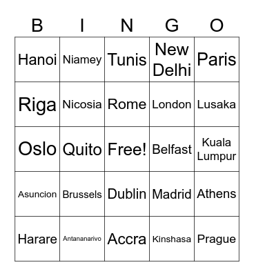 World Capitals Bingo Card