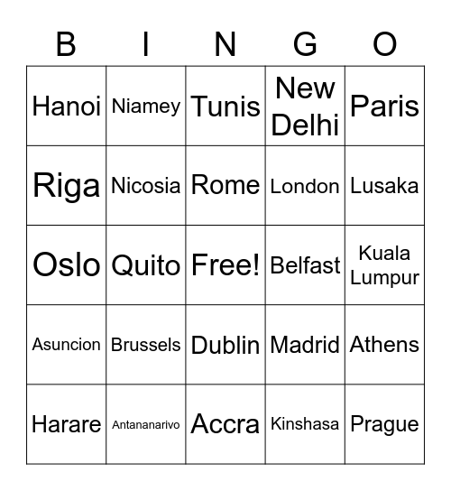 World Capitals Bingo Card