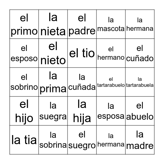 La Famila Bingo Card