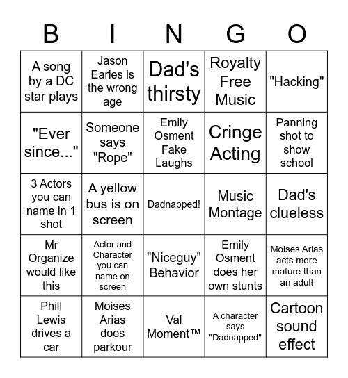 Dadnapped! Bingo Card