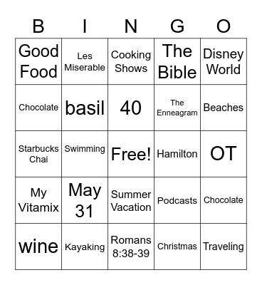 Rachel Bingo Card