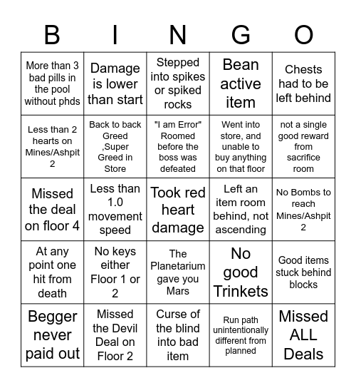 Bad Run in BoI Repentance Bingo Card