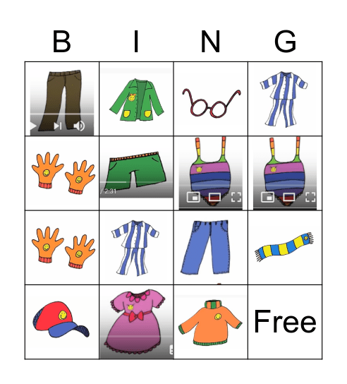 Clothes Song Part 2 Bingo Card
