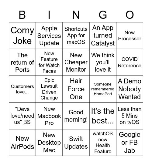 WWDC 2021: General Bingo Card