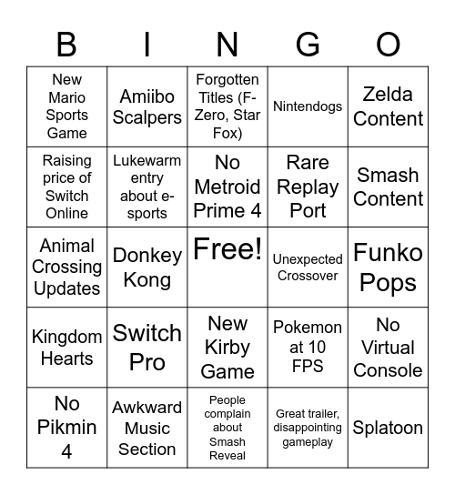 Nintendo Bingo Card