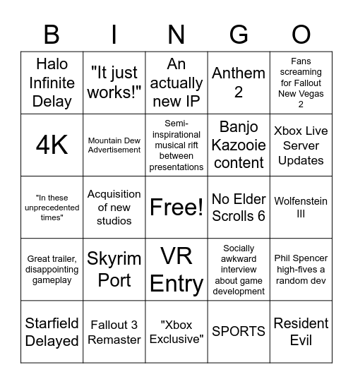Microsoft/Bethesda Bingo Card