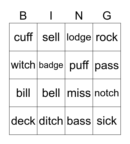 PHONICS REVIEW FF, SS, LL, CK, TCH, DGE Bingo Card