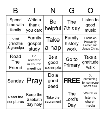 The Sabbath Day Bingo Card