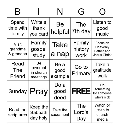 The Sabbath Day Bingo Card