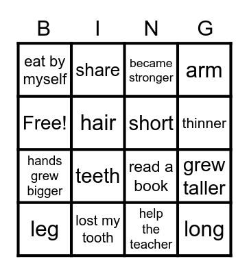 As I grow I change Bingo Card