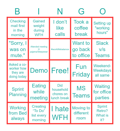 Work From Home - IT Project Bingo Card