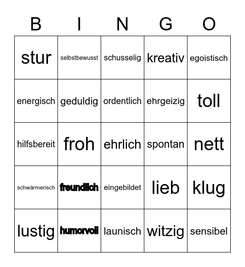 Bingo - Fiktive Familie Schmetterling -Adjektive Bingo Card